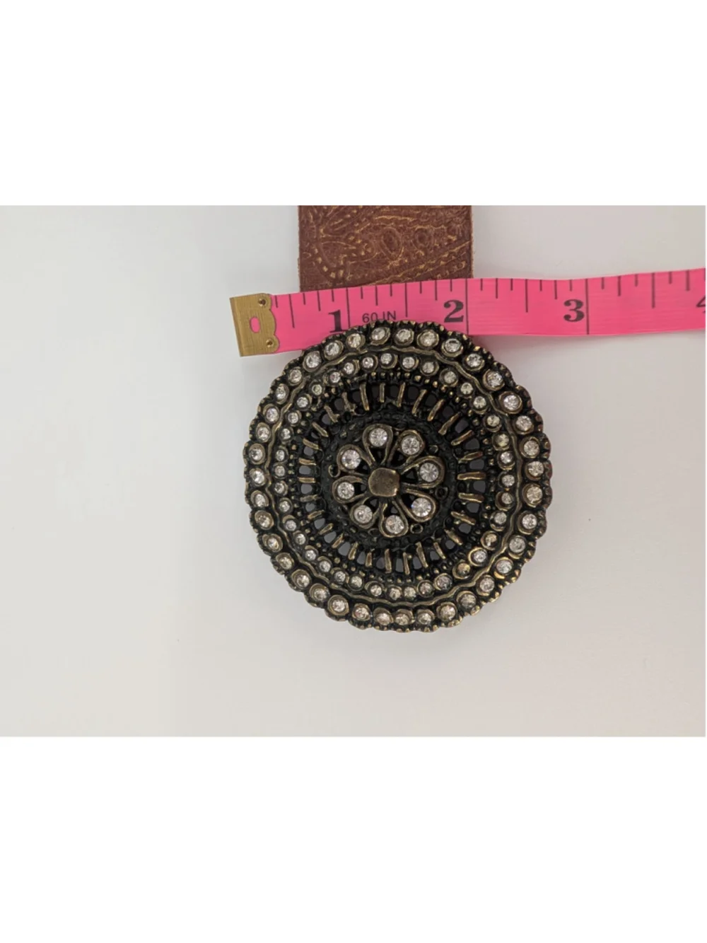 Fossil BT2918231 Leather Belt L Brown Gold Paisley Embossed Rhinestone Buckle